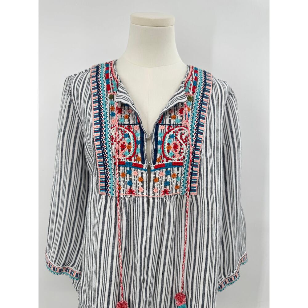 J Jill Embroidered 100% Linen Top Black White Boho Peasant Top Tassels S